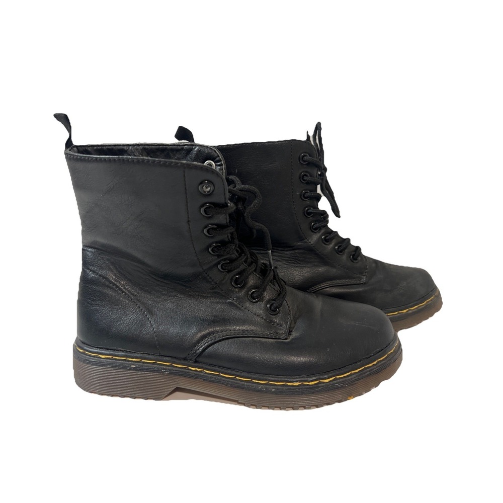 Women's Black‎ Combat Boot Sz  6.5  Vegan Leather Upper Lace Up Yellow Stitch